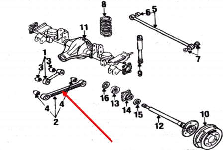 Важіль/тяга задньої підвіски подовжній нижній, лівий Nissan Terrano (WD21) (Нісан Террано)