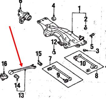 Важіль/тяга задньої підвіски подовжній нижній, лівий/правий Subaru Forester (S10, SF) (Субару Форестер)
