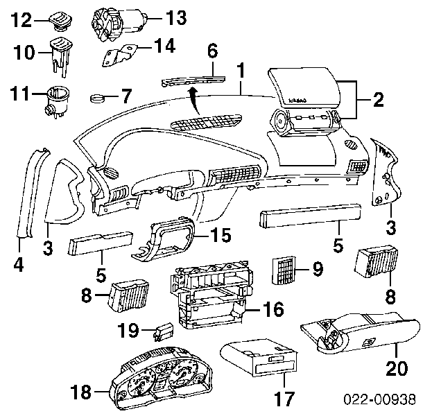 Панель приладів торпеди на Audi A4 (8D5, B5)