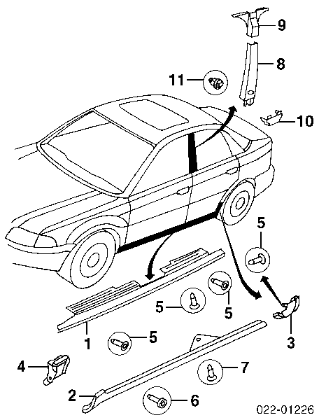 Накладка зовнішня (молдинг) порога, лівий Audi A6 (4B, C5) (Ауді A6)