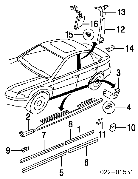 Накладка зовнішня (молдинг) порога, лівий Audi A4 B5 (8D2) (Ауді A4)