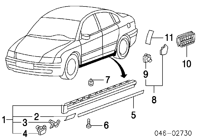 Накладка зовнішня (молдинг) порога, задня права Volkswagen Passat (B5, 3B2) (Фольцваген Пассат)