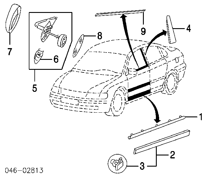 Молдинг опускного скла нижній, двері передньої, правої Volkswagen Passat (B5, 3B5) (Фольцваген Пассат)