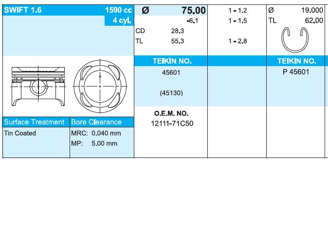 45601050 Teikin поршень (комплект на мотор, 2-й ремонт (+0,50))