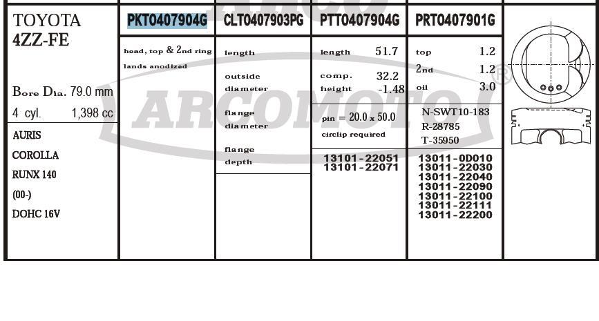 Поршень (комплект на мотор), 2-й ремонт (+0,50) PKTO407904G020 ARCO