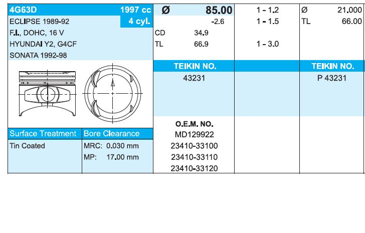 43231100 Teikin поршень (комплект на мотор, 4-й ремонт (+1.00))