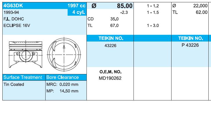 43226050 Teikin поршень (комплект на мотор, 2-й ремонт (+0,50))