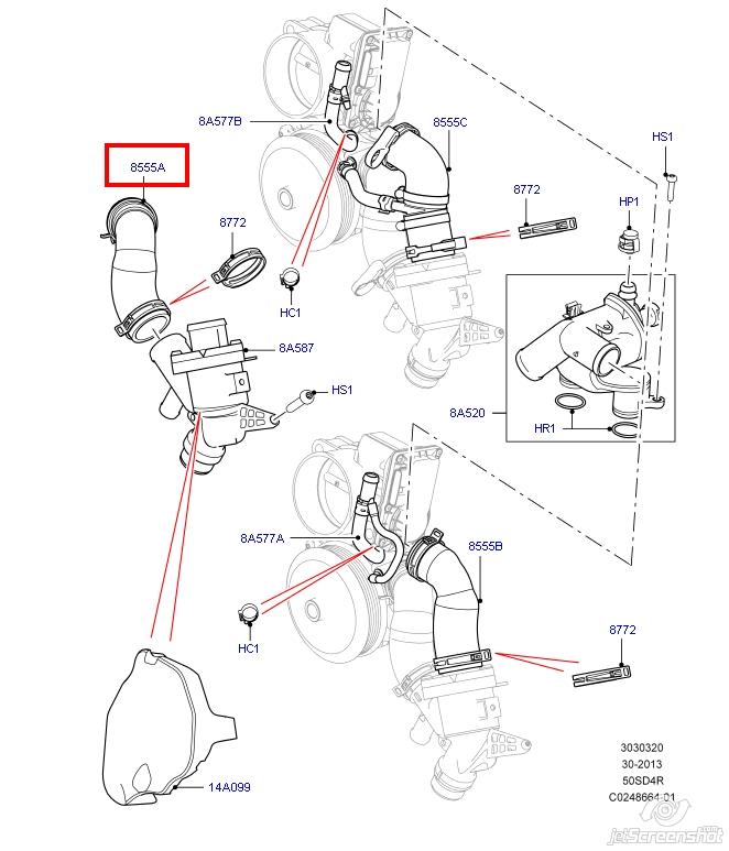 LR010794 Land Rover Шланг/патрубок водяного насосу, приймальний