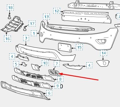 Решітка переднього бампера, права Chrysler 68143098AC ціна, від 8.16 USD