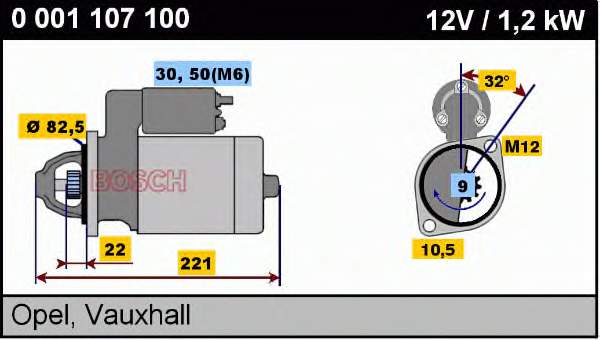 0001107100 Bosch Стартер (1,1 кВт, 12В)