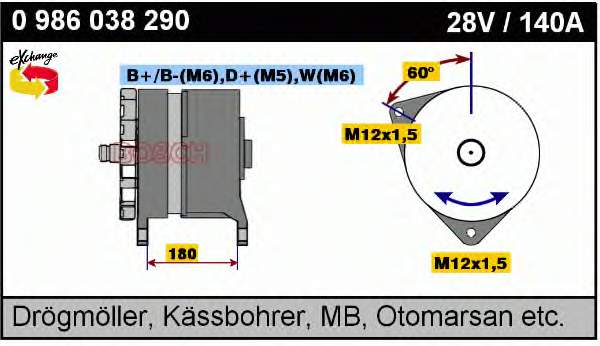 Генератор Bosch 0986038290 ціна, від 304.68 USD