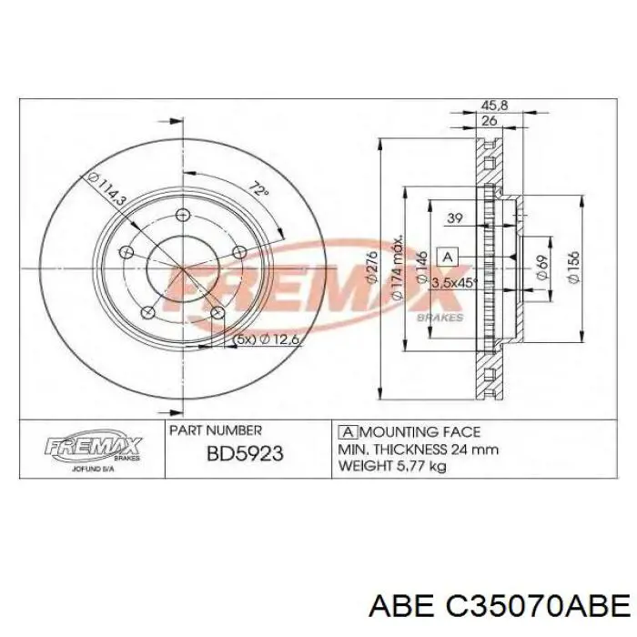 Диск гальмівний передній ABE C35070ABE