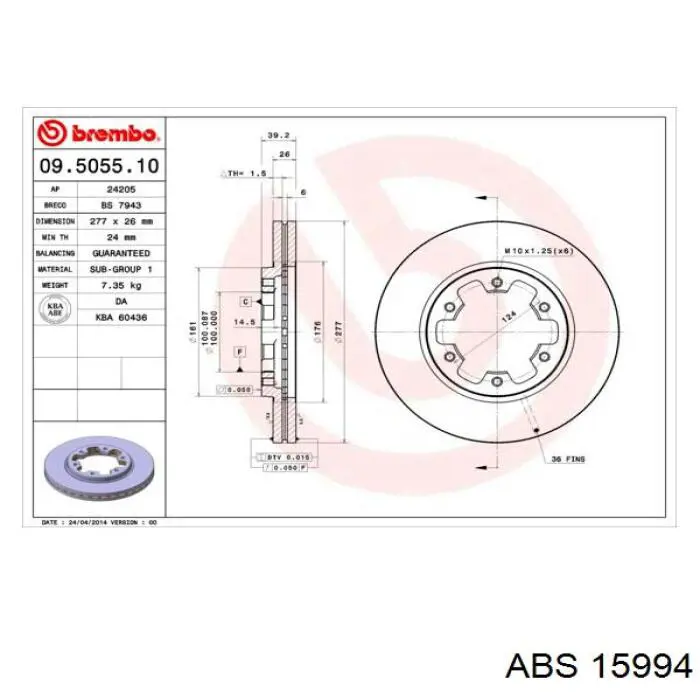 Диск переднього гальма ABS 15994 ціна, від 35.41 USD