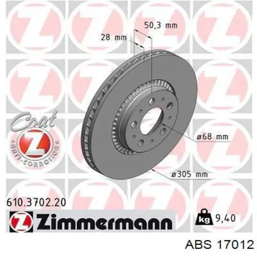 Диск переднього гальма ABS 17012 ціна, від 51.94 USD