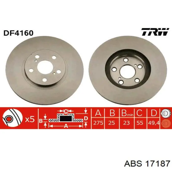 Диск переднього гальма ABS 17187 ціна, від 38.33 USD