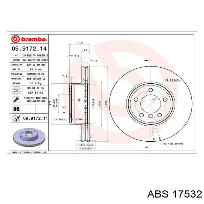 Диск переднього гальма ABS 17532 ціна, від 56.80 USD