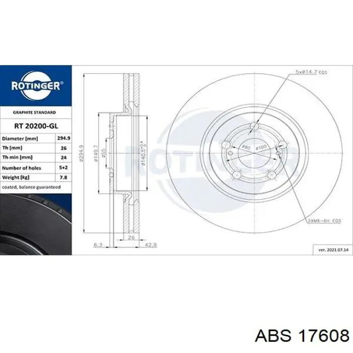Диск переднього гальма ABS 17608 ціна, від 41.58 USD
