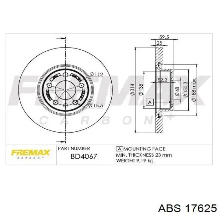Диск переднього гальма ABS 17625 ціна, від 53.58 USD