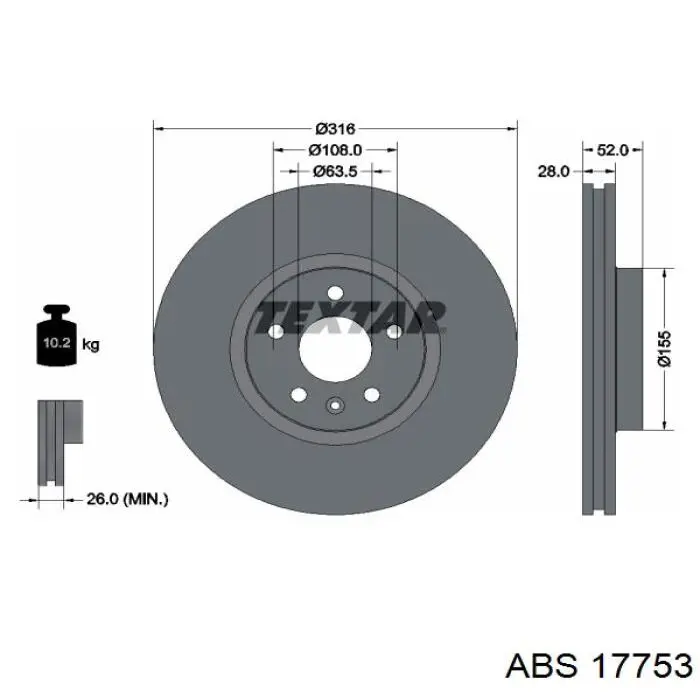Диск переднього гальма ABS 17753 ціна, від 59.20 USD