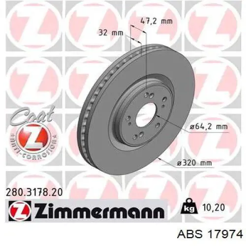 Диск переднього гальма ABS 17974 ціна, від 67.07 USD