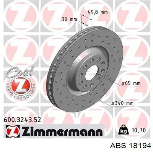 Диск переднього гальма ABS 18194 ціна, від 64.68 USD