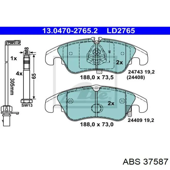 Колодки гальмівні передні, дискові 37587 ABS