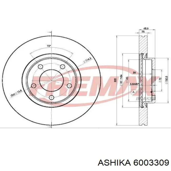 Диск переднього гальма Ashika 6003309 ціна, від 51.53 USD