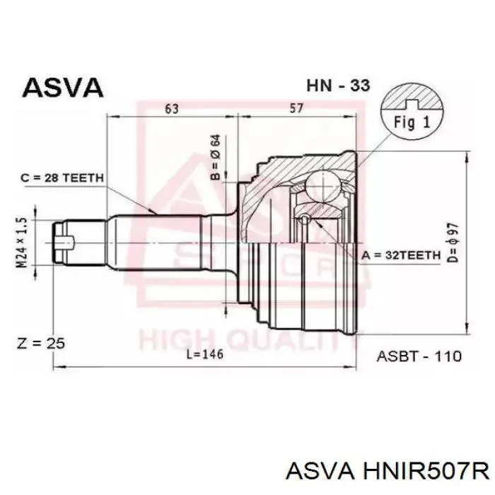 ШРУС внутрішній, передній, лівий HNIR507R Asva