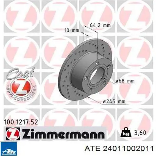 Диск гальмівний задній ATE 24011002011