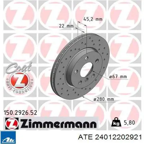 Диск переднього гальма ATE 24012202921 ціна, від 67.69 USD
