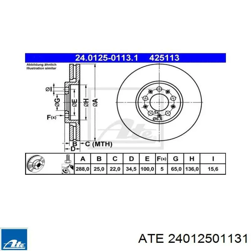 Диск переднього гальма ATE 24012501131 ціна, від 54.92 USD