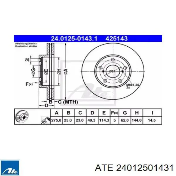 Диск гальмівний передній 24012501431 ATE