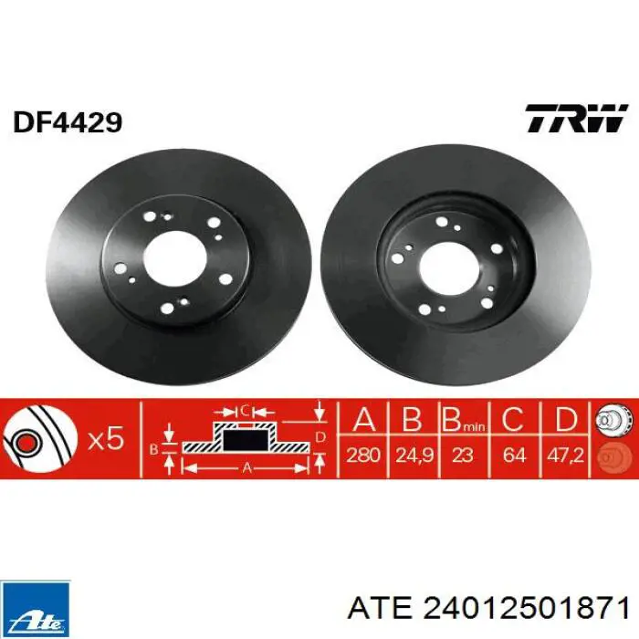 Диск переднього гальма ATE 24012501871 ціна, від 37.42 USD
