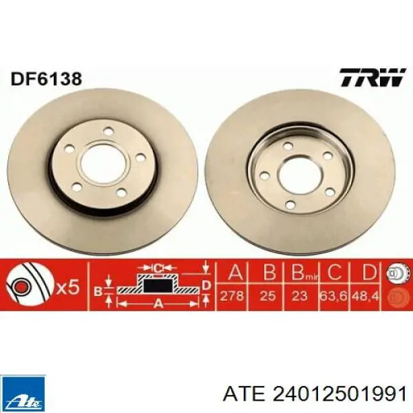 Диск переднього гальма ATE 24012501991 ціна, від 52.40 USD