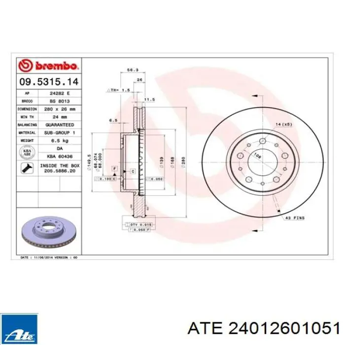 Диск гальмівний передній 24012601051 ATE
