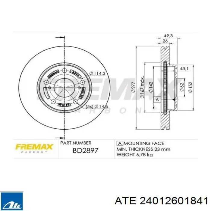 Диск переднього гальма ATE 24012601841 ціна, від 58.65 USD