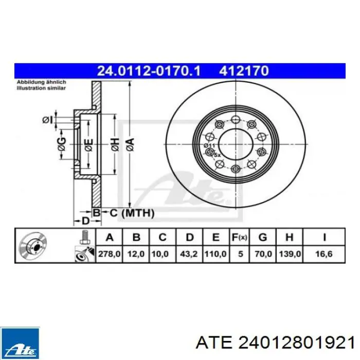 Диск переднього гальма ATE 24012801921 ціна, від 52.28 USD