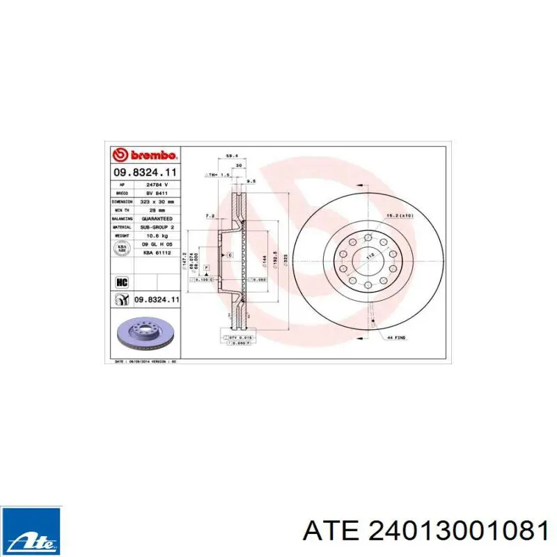 Диск переднього гальма ATE 24013001081 ціна, від 84.51 USD