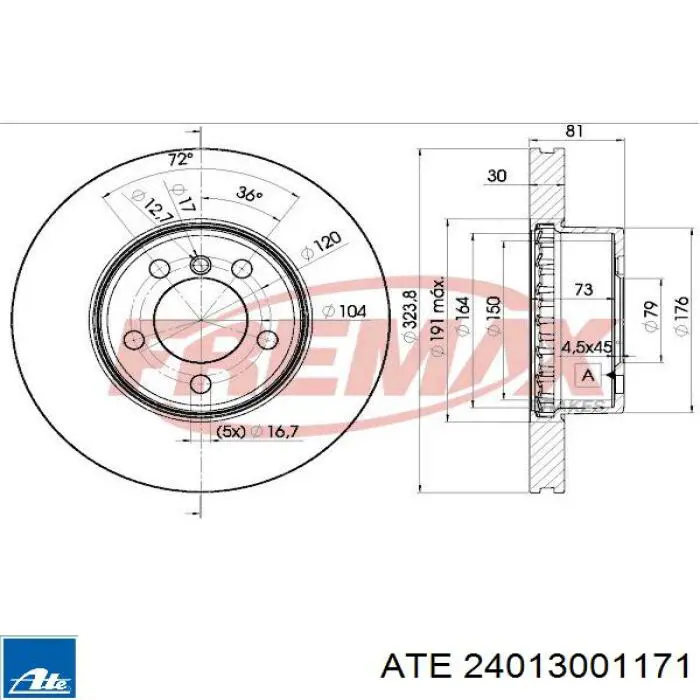 Диск переднього гальма ATE 24013001171 ціна, від 70.12 USD