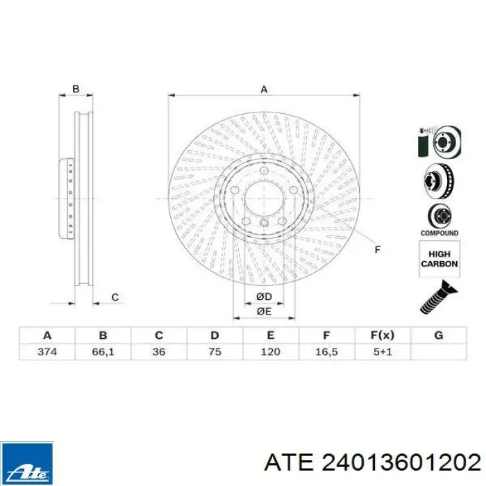 Диск переднього гальма ATE 24013601202 ціна, від 155.56 USD