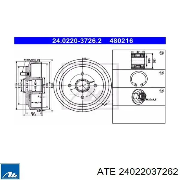 Барабан гальмівний задній ATE 24022037262 ціна, від 44.20 USD