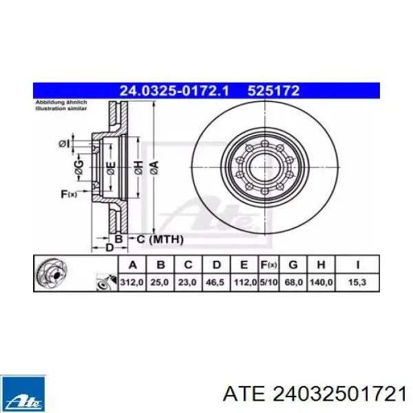 Диск переднього гальма ATE 24032501721 ціна, від 52.56 USD
