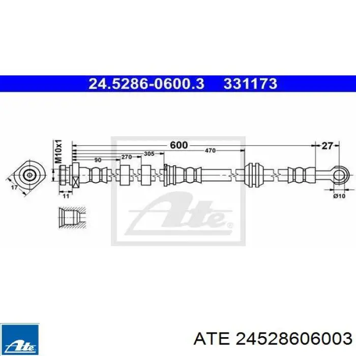 Шланг гальмівний передній, лівий 24528606003 ATE