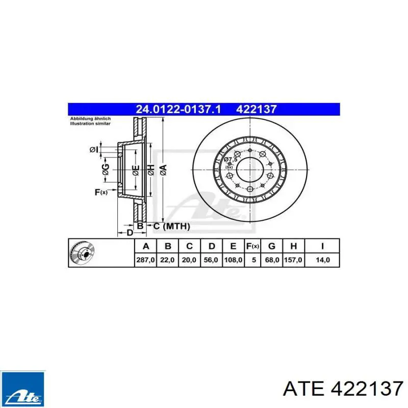 Диск гальмівний передній 422137 ATE