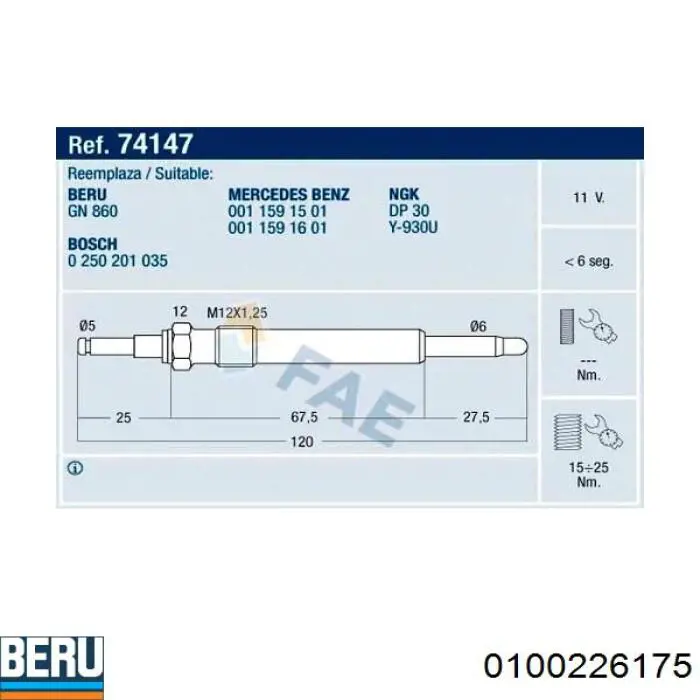 Купити 0100226175 Beru Свічка накалу
