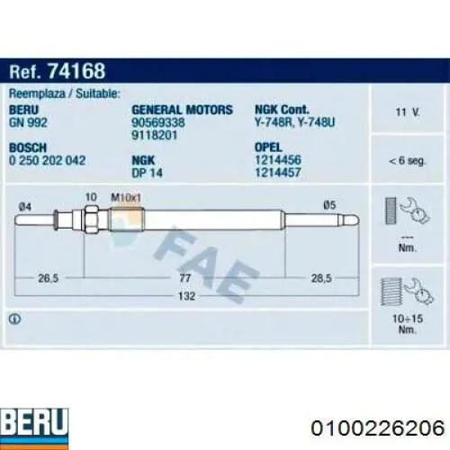 Свіча накалу Beru 0100226206 ціна, від 9.70 USD