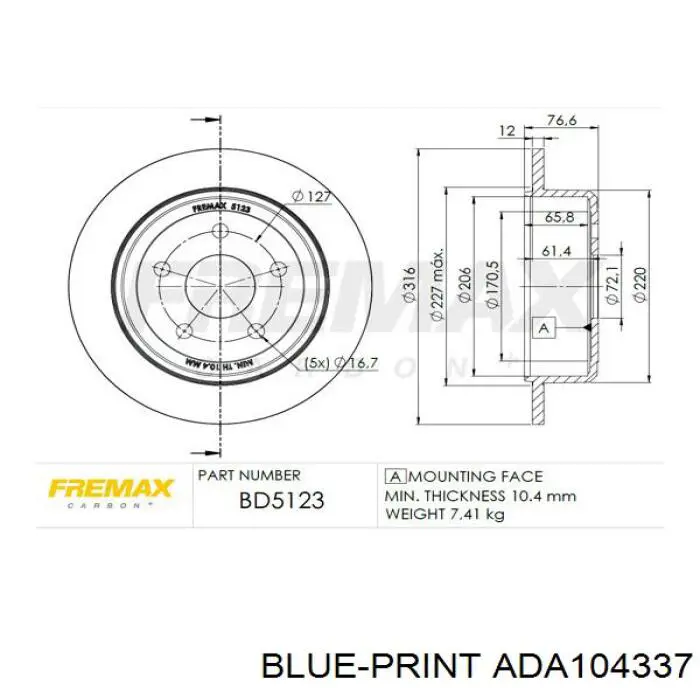 Диск гальмівний задній Blue Print ADA104337
