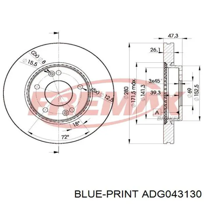 Диск гальмівний передній Blue Print ADG043130