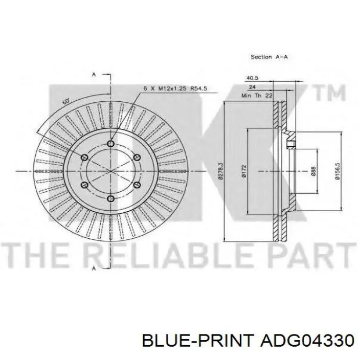 Диск гальмівний передній Blue Print ADG04330