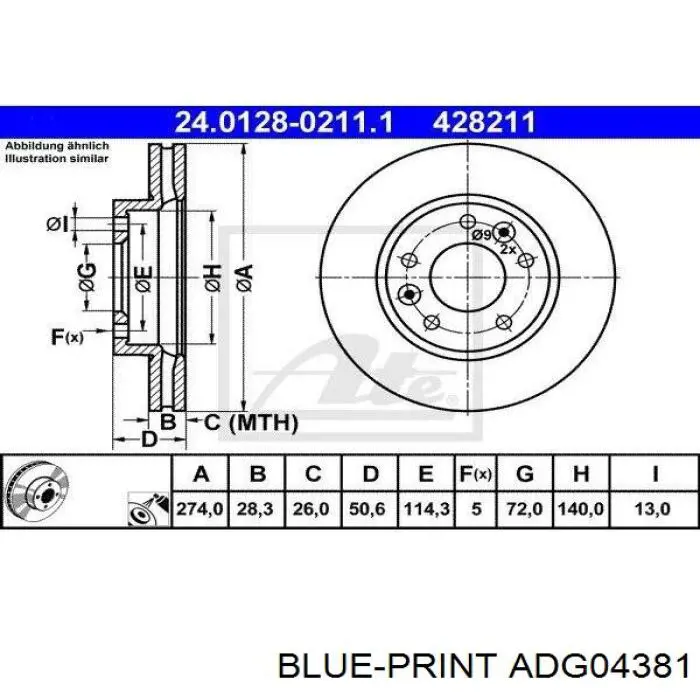 Диск гальмівний передній Blue Print ADG04381